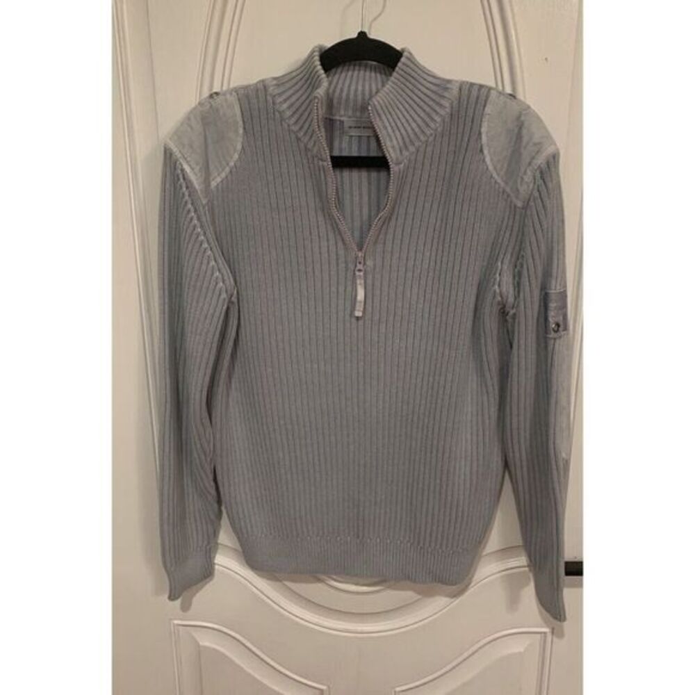 Blanc Blue XL 100% Cotton Cable Knit Sweater Pullover‎ Blue 1/4 Zip Elbow Patch